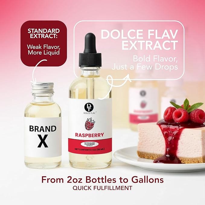 Dolce Flav Natural Raspberry Extract 2 oz – Kosher, Sugar-Free, Concentrated Tart Raspberry Flavoring for Baking, Beverages & Desserts, Includes Measured Dropper