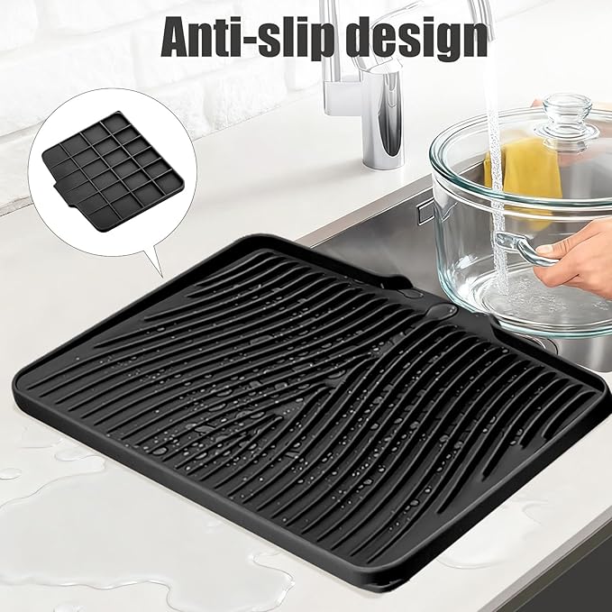 Silicone Dish Drying Mat, Stone Drying Mat for Kitchen Counter with Built-In Drain, Non-Slip Drain Pad with Built-in Drain, Heat Resistant Stone Drying Mat, 1Pcs Black(19.7" x 17")