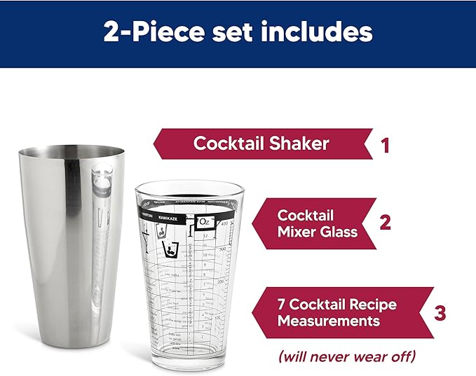 HIC Kitchen Bar Boston Cocktail Shaker and Mixer Glass Set with 7 Printed Recipes, 18/8 Stainless Steel and Borosilicate Glass