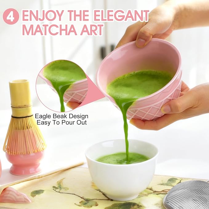 Sakura Pink Matcha Whisk Set-8pcs,Japanese Tea Set Includes Matcha Bowl with Ice Cream Design, Tea Mat and Matcha Canister, 16OZ Matcha Kit for Ceremony