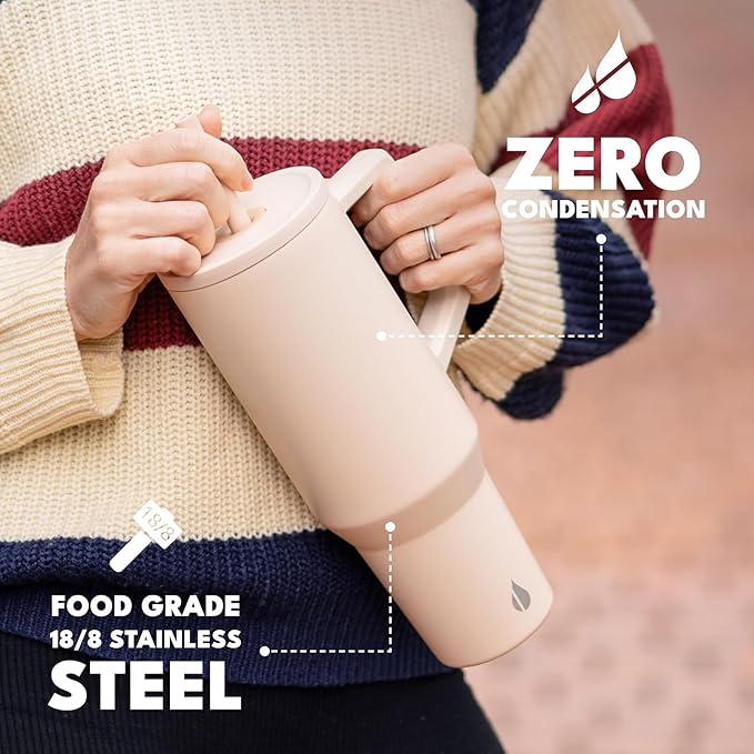 Elemental 40 oz Tumbler with Handle and Straw - Spill Proof Insulated Stainless Steel Commuter for Hot and Cold Beverages - Travel Coffee Mug with 2 Straws & Spill Proof Lid - 40oz - Beige