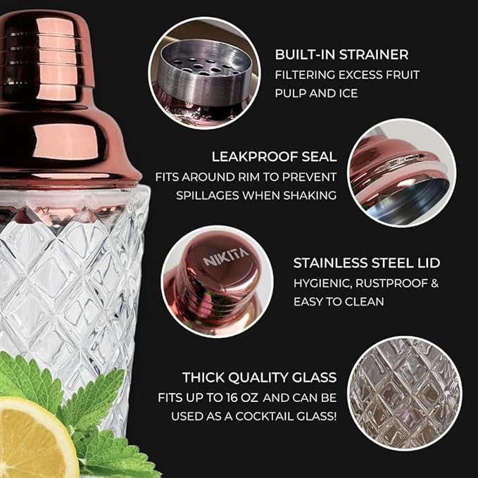 Glass Cocktail Shaker Set - 5 Piece - Rose Gold Martini Shaker Set with Strainer, Jigger, Spoon & Muddler - 16 oz Drink Shakers Cocktail - Ideal Gift for Home Bar & Drink Trolley Décor