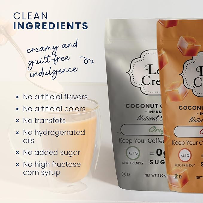Leaner Creamer Coconut Oil Non-Dairy Creamer Bundle, Original & Caramel Flavors – Sugar-Free, Keto, Gluten-Free Powdered Coffee Creamer for Coffee, Smoothies & Shakes – 2-Pack (280g Each)