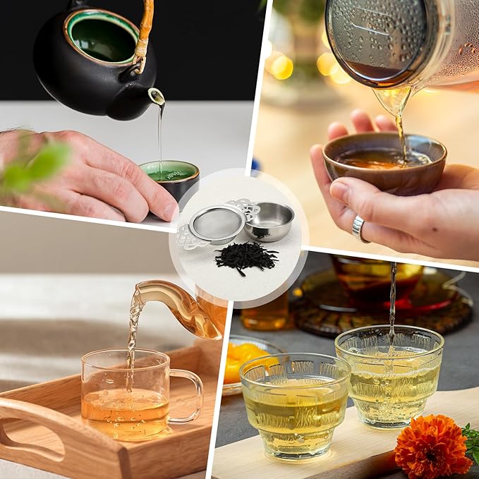 8 Pcs Mesh Tea Filter Strainers, 304 Stainless Steel Loose Tea Infuser Strainer with Petal Handles and Drip Bowl for Juice Coffee Filter, Sliver, 2.5 Inch