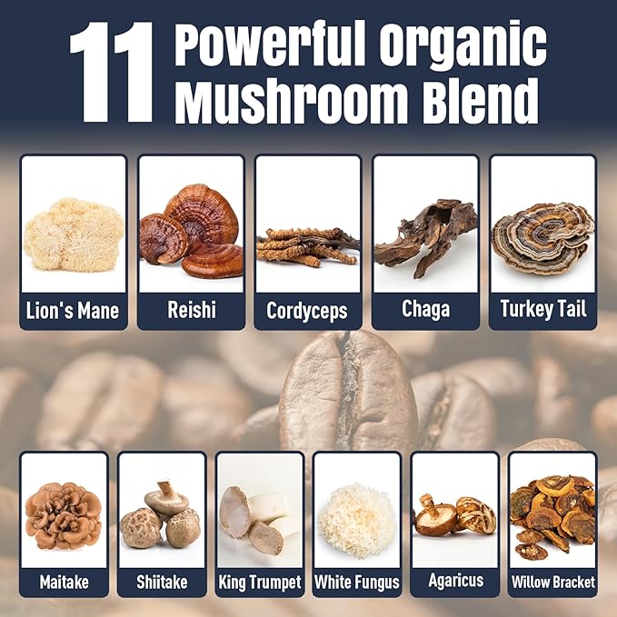 Mushroom Coffee, 11 Superfood Mushrooms includes Lion's Mane, Reishi, Chaga & Ashwagandha, Instant Mushroom Coffee Organic for Energy, Memory, Degestion & Detox, Low Caffeine & Sugar Free, 5.3oz