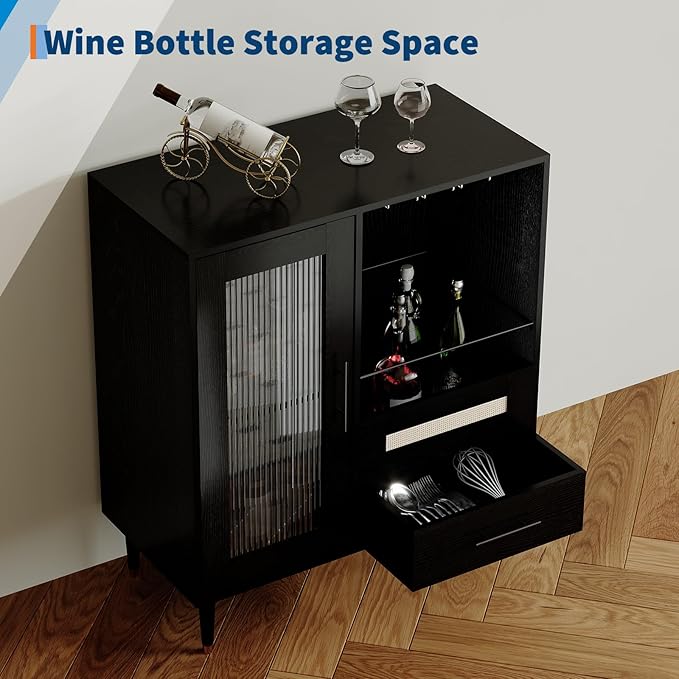 Garvee Wine Bar Cabinet with Tempered Glass Door & Rack, 30.7" Freestanding Modern Buffet Sideboard for Dining Room, Kitchen Coffee Bar & Liquor Storage Cabinet with Drawers and Glass Holder