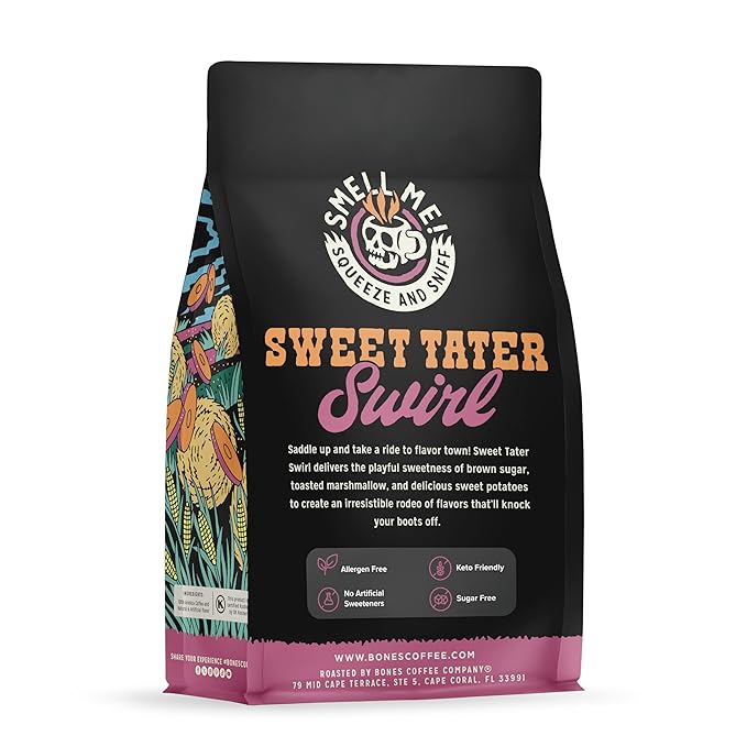 Bones Coffee Company Sweet Tater Swirl, Cinnamon Sweet Potato Flavored Coffee, Medium Roast Low Acid Arabica Beans Compatible with Auto drip and French Press Coffee Maker, 12 Oz Ground