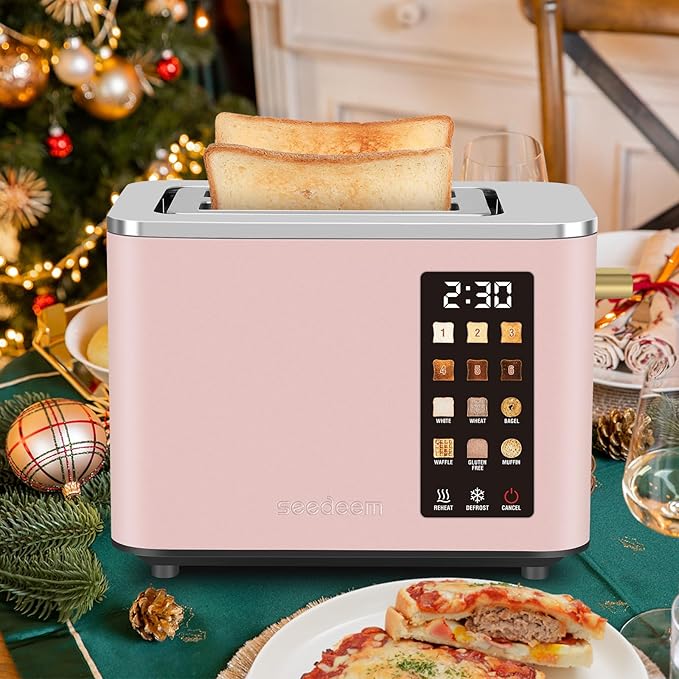 SEEDEEM Toaster 2 Slice, Touch Control Screen, Smart Stainless Toaster, 6 Shade Setting, 6 Bread Selection, Countdown, Removable Crumb Tray, 900W, Peach Pink