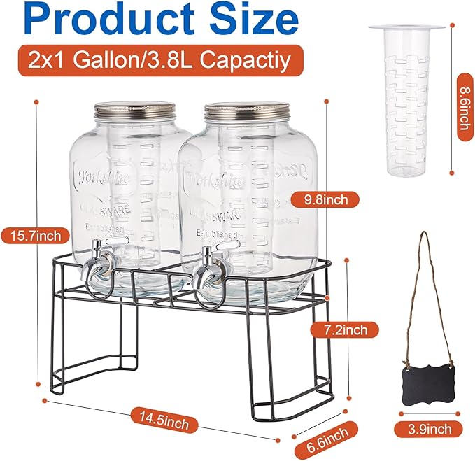 1 Gallon Glass Drink Dispensers for Parties, 2PACK Beverage Dispenser with Stand, Fruit Infuser and Stainless Steel Spigot 100% Leakproof, Beverage Dispenser for Lemonade Sun Tea