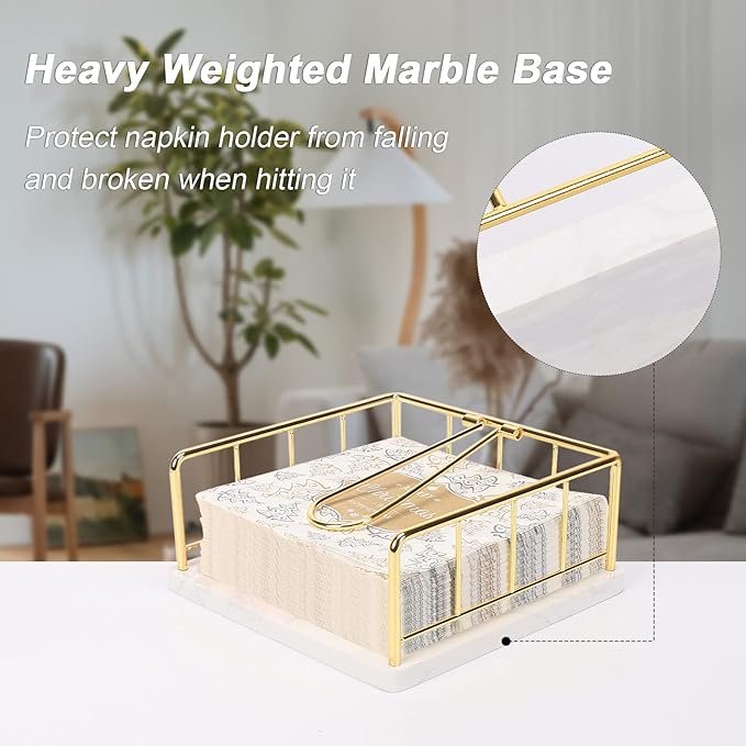 Livabber Flat Napkin Holder, Metal Kitchen Napkin Storage with Weighted Tension Arm Rustic Tissue Paper Dispenser for Countertop, Table Kitchen, Dining Room (With Marble Base, Gold)