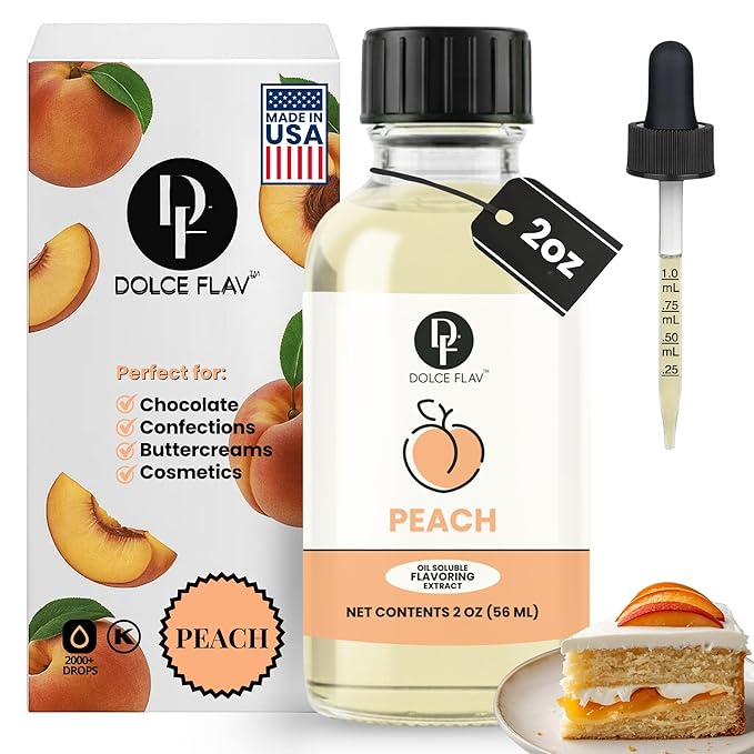 Dolce Flav Peach Extract – 2 Ounce Oil-Soluble Kosher, Sugar-Free, Concentrated Juicy Peach Flavoring for Baking, Chocolates & Desserts, Includes Measured Dropper