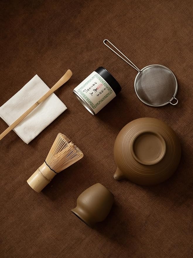 6-pcs Japanese Matcha Whisk Set, Handmade Ceramic Matcha Set with Bowl(Chawan),Bamboo Whisk(Chasen) and Holder, Scoop, Sifter & Tea Towel,Matcha Kit for Ceremony(Matte Oak Brown)