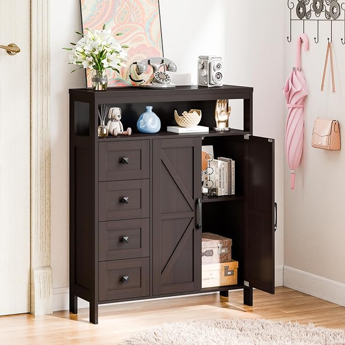Vabches Farmhouse Storage Cabinet with 2 Doors and 4 Drawers, Freestanding Bathroom Compartment Kitchen Pantry Cabinet, Floor Cupboard for Kitchen/Living Room/Bathroom, Espresso