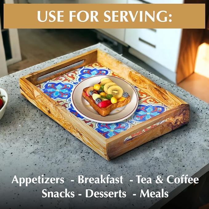 Kamsah Olive Wood Serving Tray with Handles (L:13”, W:9”) Decorative Rectangle Serving Trays for Serving Food, Drinks, Tea, Coffee - Rustic Vintage Wooden Serving Tray for Table & Gifts - Alhambra