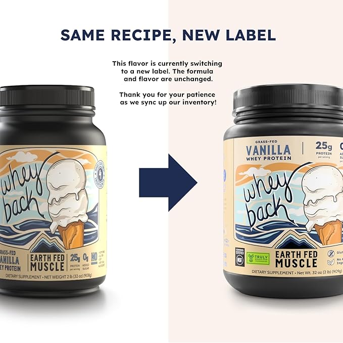 Earth Fed Muscle Whey Back Irish Grass Fed Whey Protein Isolate - NSF-Certified. No Artificial Ingredients, Soy Free, Gluten Free, Non-GMO and Hormone Free (2 Pound, 29 Servings, Vanilla)
