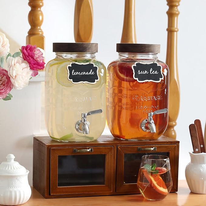 1 Gallon Glass Drink Dispenser 2 Pack - Drink Dispenser with Stand, Juice Dispenser, Drink Dispensers for Parties, Glass Water Dispenser with Stainless Steel Spigot, Lemonade Dispenser