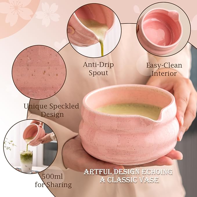 7 Pcs Matcha Kit, Matcha Bowl with Spout, Bamboo Whisk And Scoop, Ceramic Holder And Scoop Rest, Stainless Steel Sifter, Tea Towel. Speckled Pink Glaze Matcha Whisk Set for Beginners And Gifting