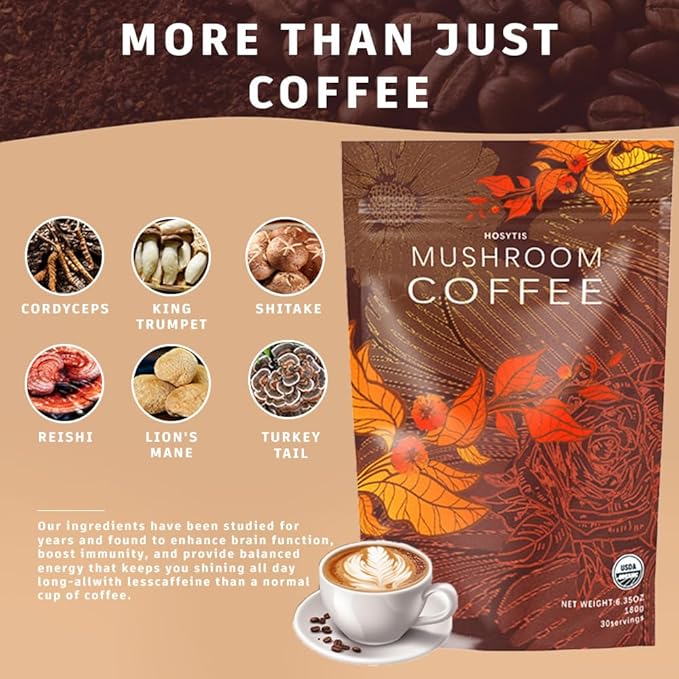 Mushroom Coffee With Lion's Mane, Reishi, Cordyceps, Shiitake, King Trumpet & Turkey Tail Everyday Dose (30 Servings) Premium Instant Coffee for Better Focus, Energy（6.35 Ounce Pack of 180g）