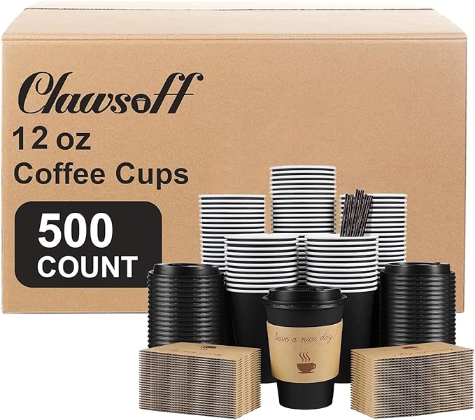500 Pack 12 oz Coffee Cups with Lids, Disposable To Go Paper Coffee Cups with Sleeves and Stirring Sticks for Hot/Cold Drinks Office Home Shop Event (Black)
