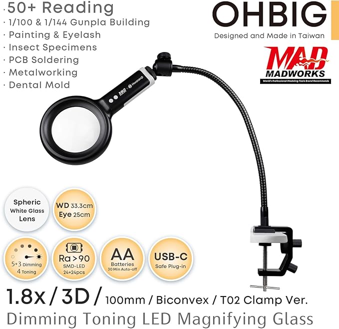 HWATANG OHBIG x MADWORKS 1.8x/3D/100mm Dimming Toning LED Magnifying Glass - K9 White Glass, Model Assembly, Soldering, Ra 94 Ring Light, 50+ Seniors Reading Magnifier (w/Desk Clamp Kit)