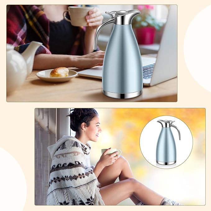 Uiifan 2 Pcs 68 oz Thermal Coffee Carafe Insulated Stainless Steel Coffee Carafe for Hot Liquids Vacuum Thermal Pot Creamer Dispenser with Brushes Keeping Hot Tea Milk Water(Khaki Blue)