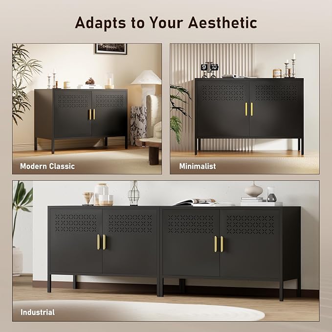 Storage Cabinet, Metal Accent Locker Storage Cabinet with 2 Doors, Magnetic Closure, Adjustable Shelf, Tv Stands & Metal Nightstand for Living Room, Entryway and Home - Black