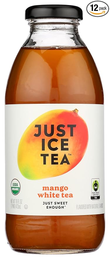 Just Ice Tea Ready To Drink Mango White Tea, Contains Caffeine, Natural Flavors, Fair Trade, Kosher, USDA Certified Organic, 16 Fluid Ounce (Pack of 12)
