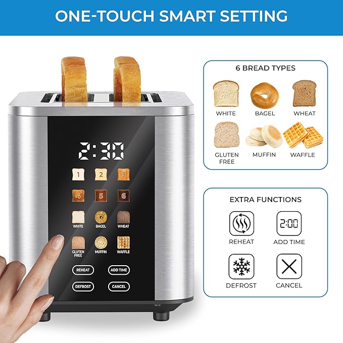 Kenmore 2-Slice Toaster | Color Touch Screen & 6 Shade Settings | Extra Wide Slots | Digital Countdown Timer | Customizable Smart Presets | Reheat, Defrost, Add Time Functions | Stainless Steel