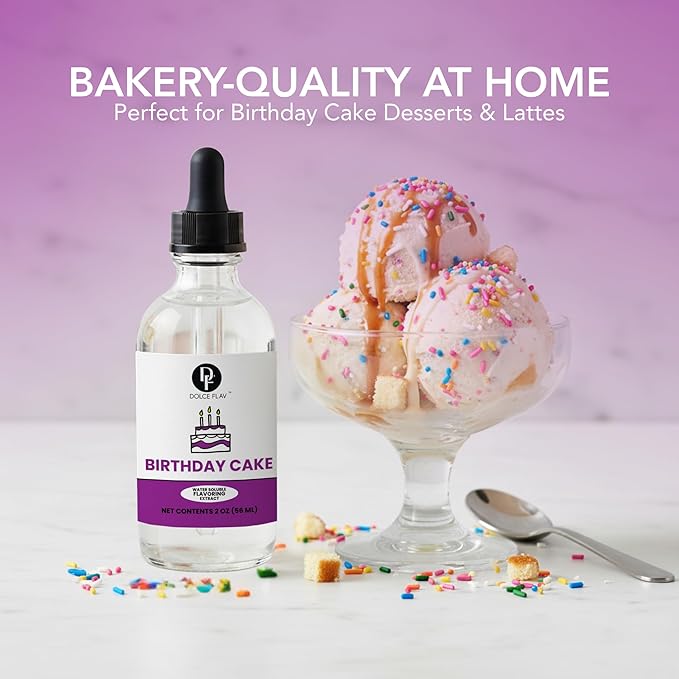 Dolce Flav Birthday Cake Extract – 2 Ounce Water-Soluble Kosher, Sugar-Free, Concentrated Festive Cake Flavoring for Frostings, Cupcakes & Desserts, Includes Measured Dropper