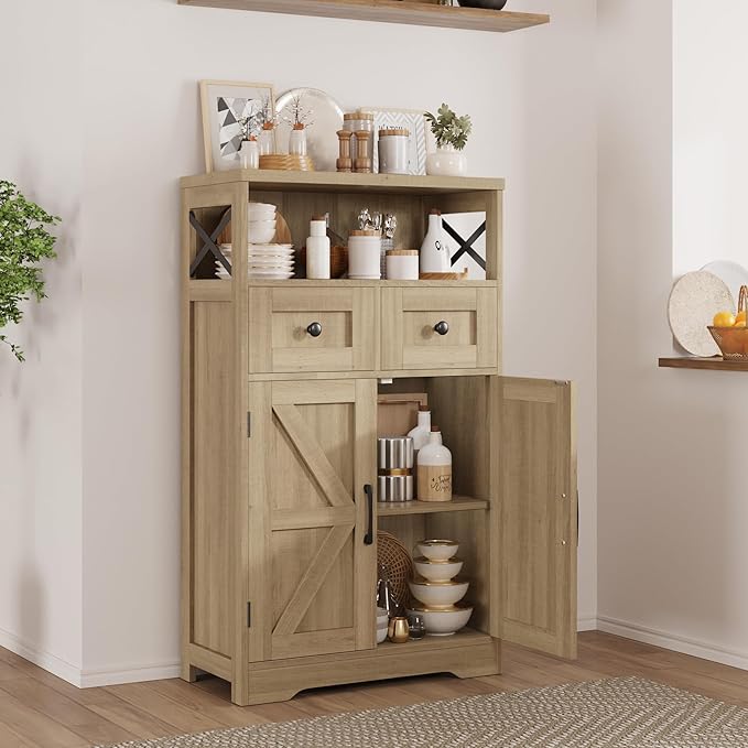 Natural Wood Storage Cabinet with Drawers and Shelves, Standing Kitchen Pantry Cabinet, Floor Storage Cabinet Hutch Cupboard, Coffee Bar Station for Dining Living Room Home Office