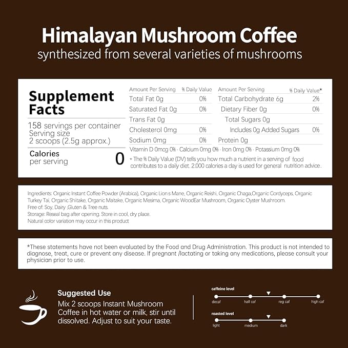 Organic 10-in-1 Mushroom Coffee Powder with Lion’s Mane & Reishi, Instant Arabica Blend for Smooth Energy, Focus & Immune Support, Low-Acid, 158 Servings