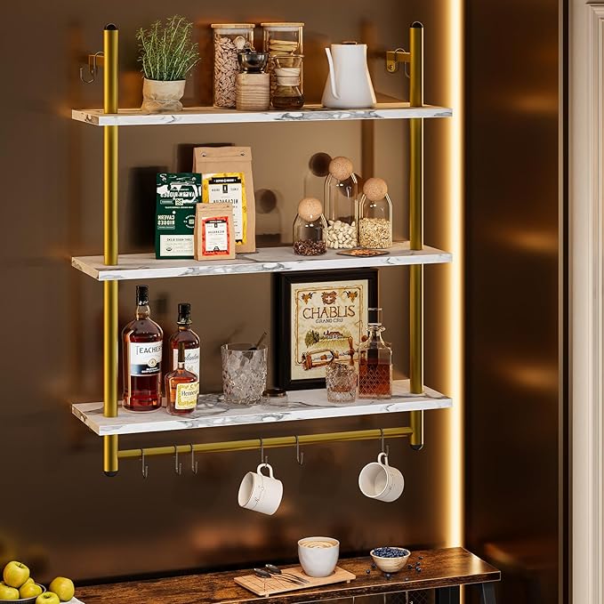 Bestier 31" Industrial Pipe Shelving, Floating Kitchen Wall Shelves 3 Tier Coffee Bar Shelves for Wall with 8 Hooks, Hanging Display Shelf Bookshelf for Living Room Bathroom, White Marble