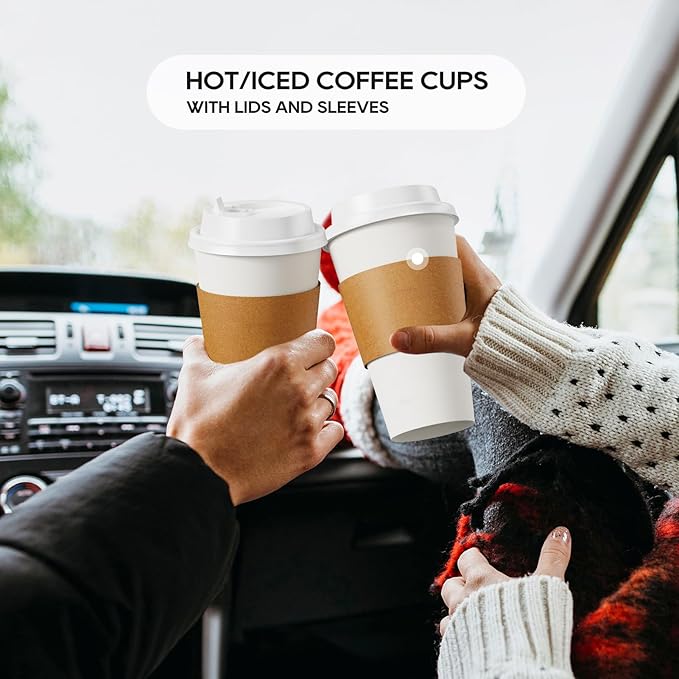 JOLLY PARTY [50 Pack] 16 oz Paper Coffee Cups, Disposable Paper Coffee Cup with Lids, Sleeves, and Stirrers, Hot/Cold Beverage Drinking Cup for Water, Juice or Tea, Suitable for Home, Shops and Cafes