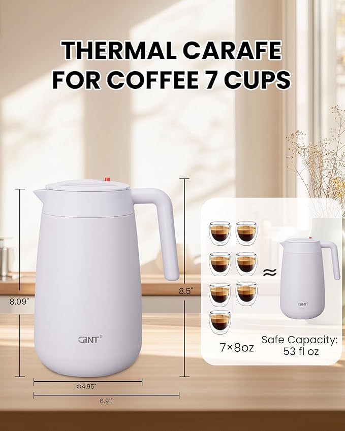GiNT 54Oz/1.6L Thermal Coffee Carafe Wide Mouth - Double Wall Vacuum Insulated Stainless Steel Beverage Dispenser with Safety Lock | 12H Hot & 24H Cold Retention (White)