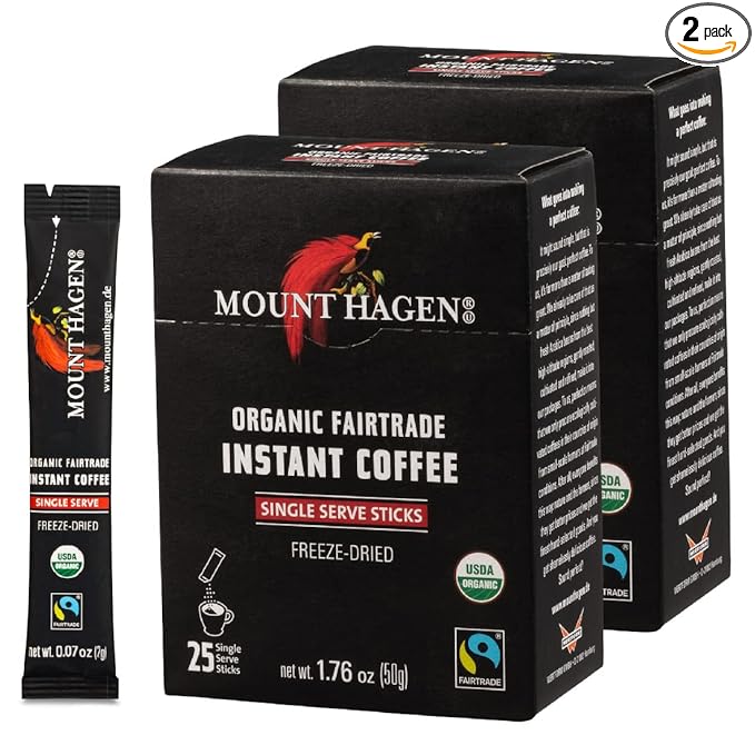 Mount Hagen 25 Count Single Serve Instant Coffee Packets - 2 Pack | Organic Medium Roast Arabica Beans | Eco-friendly, Fair-Trade [2 x 25 sticks/1.76oz/50g]