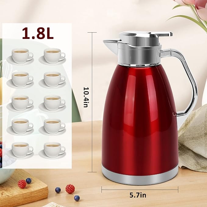 Coffee Carafes for Keeping Hot, ShineMe Stainless Steel Thermal Coffee Carafe, Double Walled Vacuum Coffee Pot, 61oz(1.8L) Insulated Hot Water & Coffee Dispenser, 12H Heat/24H Cold Retention