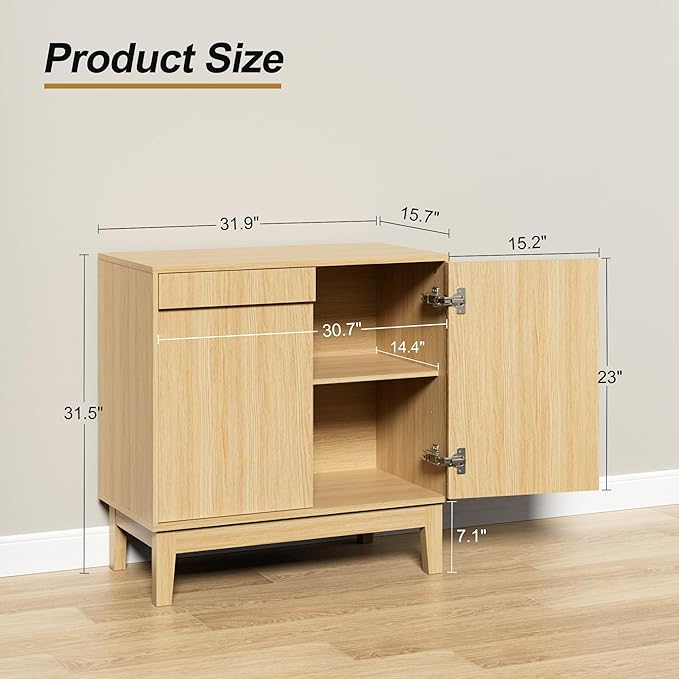 Scurrty Modern Buffet Cabinet with Storage,Wood Color Buffet with Adjustable Shelf and 2 Doors, Natural Wood Grain Accent Cabinet for Living Room & Kitchen