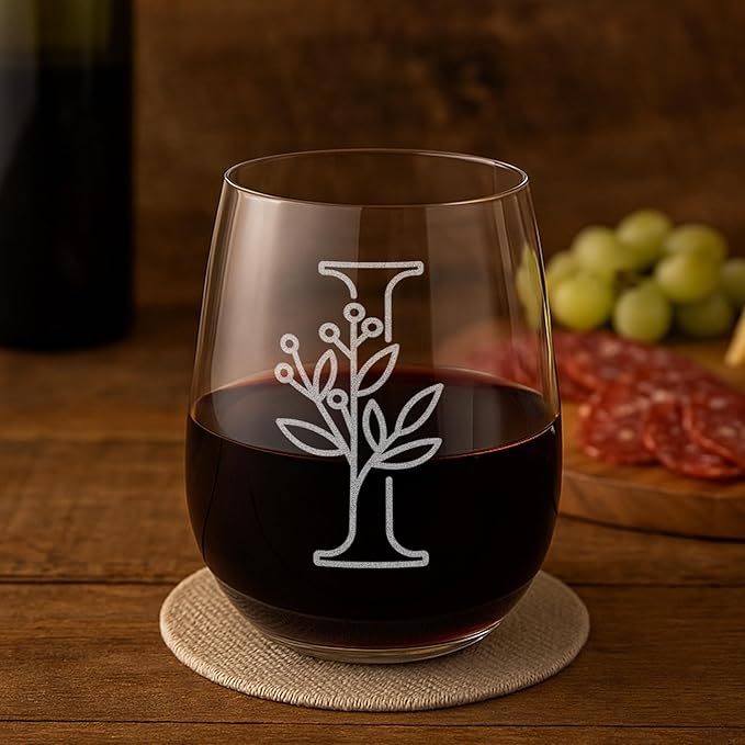 On The Rox Drinks Monogrammed Gifts For Women and Men - Letter A-Z Initial Engraved Monogram Stemless Wine Glass - 17 Oz Personalized Wine Gifts For Women and Men (I)