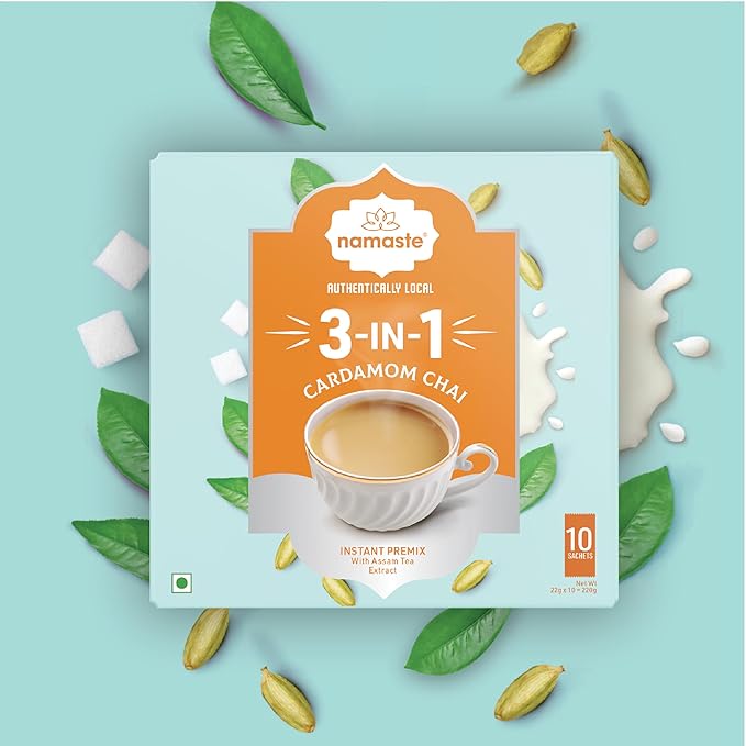 Namaste Chai Instant Tea Premix, Cardamom Chai | Value Pack | Assam Tea | Ready Mix (22g x 10 Sachets, Powder)