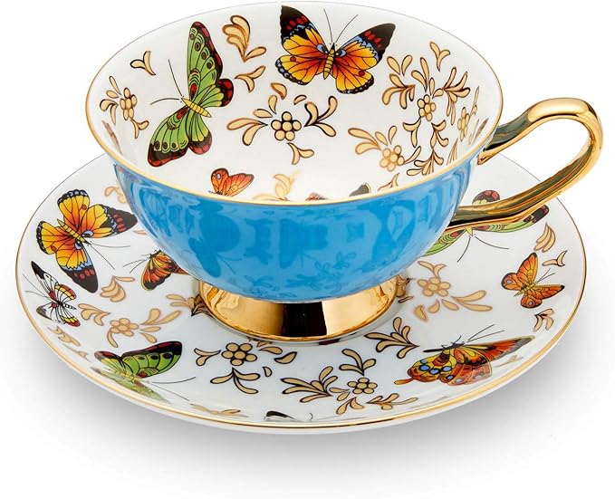 LURRIER Coffee Cup Mug with Saucer for Latte, Cappuccino Tea with Butterflies 6.8 Oz Fine Bone China, Dishwasher Safe, Reactive Glaze, 1 Pcs