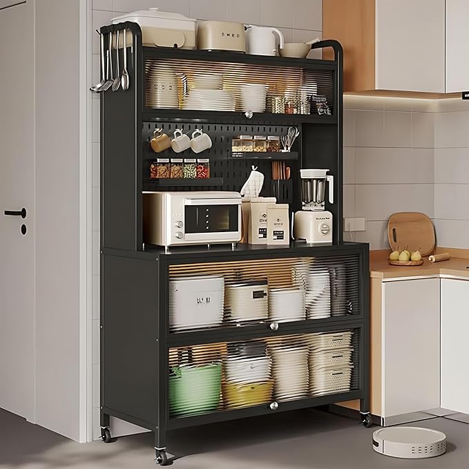Bakers Rack with Wheels, 5-Tier Coffee Bar with Wheels, Microwave Stand with Storage, Kitchen Shelves for Kitchen Pantry, Storage Room, Black