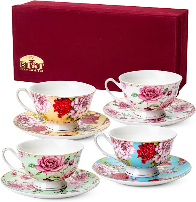 BTaT- Floral Tea Cups and Saucers with Gift Box, 8 oz, Tea Cups Set of 4, Christmas Gifts