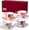 BTaT- Floral Tea Cups and Saucers with Gift Box, 8 oz, Tea Cups Set of 4, Christmas Gifts