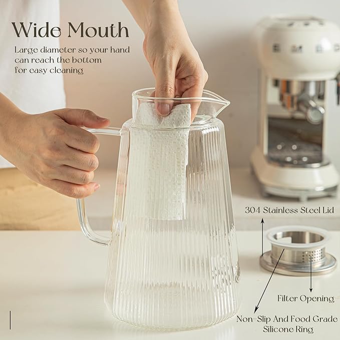 71oz Glass Pitcher with Lid, Ribbed Beverage Carafe for Hot & Cold Drinks, Water Jug with Handle for Juice, Tea, Milk, Iced Coffee – Heat Resistant Glass Serveware