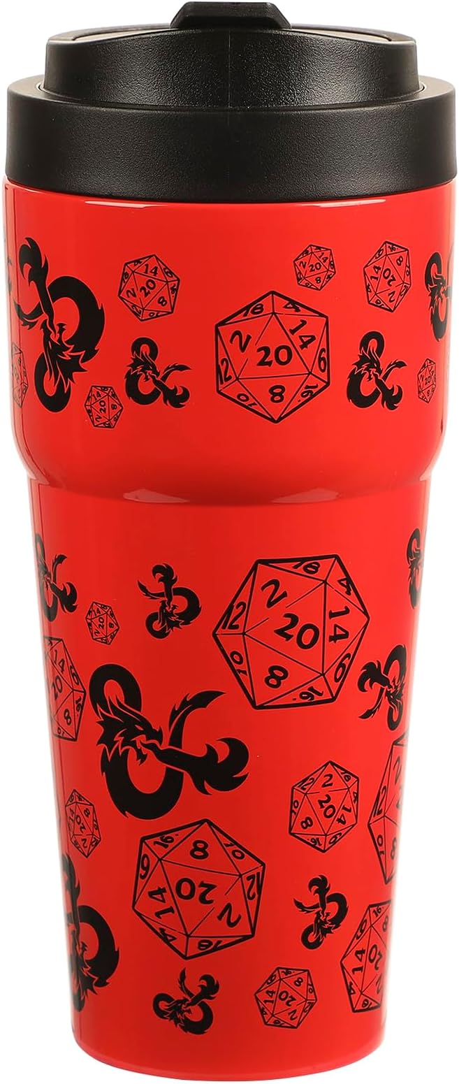 Bioworld Dungeons & Dragons D20 Dice & Logo Red 27 Oz Stainless Steel Travel Coffee Tumbler