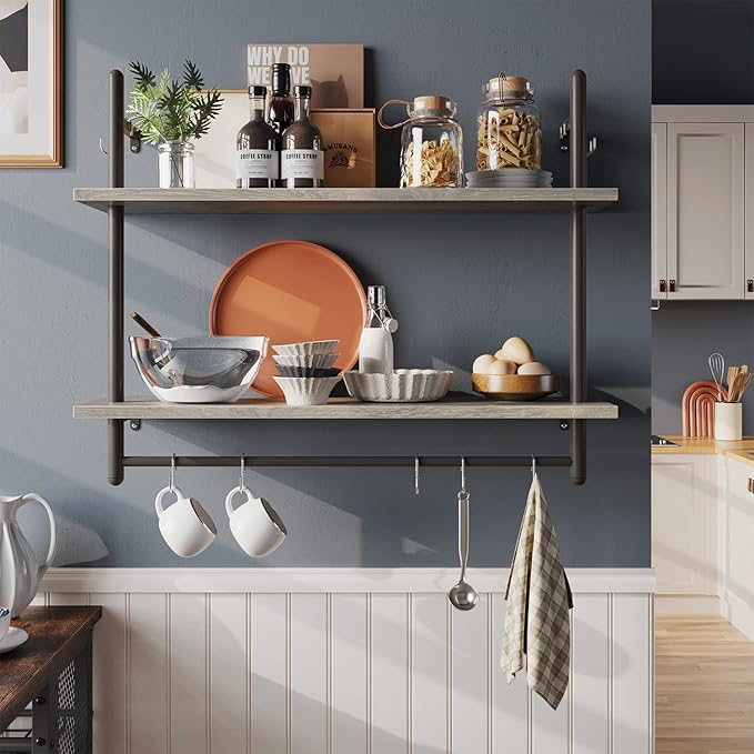 Bestier Pipe Shelf Industrial Floating Shelving 31" Kitchen Wall-Mounted Shelves with 8 Towel Bar Hooks Coffee Bar Shelf Wine Hanging Display Rack Bookshelf Living Room Decor Bathroom-Retro Grey
