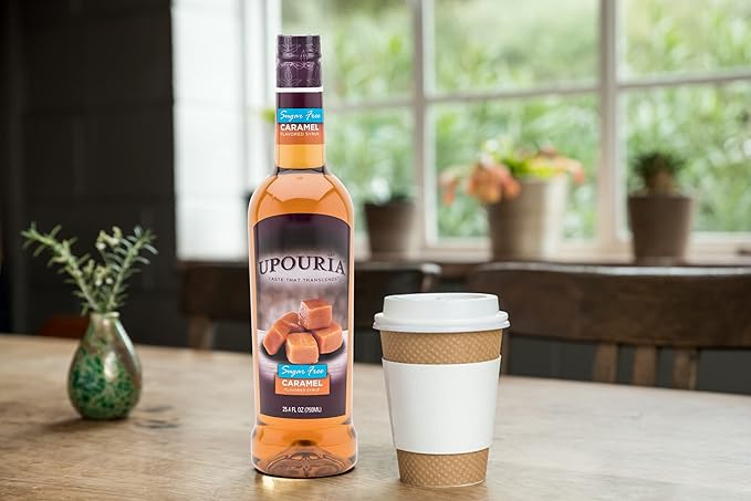 Upouria Sugar-Free Caramel Coffee Syrup Flavoring, 100% Vegan, Gluten-Free, Kosher, Keto, 750 mL Bottle (Pack of 2) with Coffee Syrup Pump