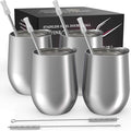 CHILLOUT LIFE 12 oz Stainless Steel Wine Tumblers 4 Pack - Double Wall Vacuum Insulated Wine Glasses Cups with Lids and Straws Set Keeping Cold & Hot for Coffee, Beer, Ice Cream - Dishwasher Safe