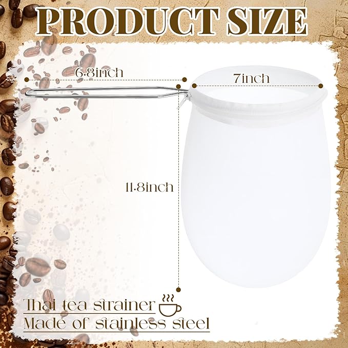 3 Pack 7 Inch Fine Mesh Strainer Bags Large Reusable Coffee Filter 7 x 13.8 Inch Traditional Thai Tea Filter Reusable Strainer Bag/to Winter Pour over Hot Drinks(Large)