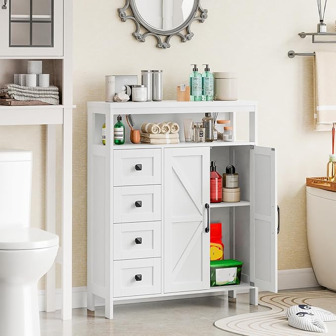Vabches Farmhouse Storage Cabinet with 2 Doors and 4 Drawers, Freestanding Bathroom Compartment Kitchen Pantry Cabinet, Floor Cupboard for Kitchen/Living Room/Bathroom,White